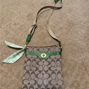 Coach Stylish Tan and Green Crossbody Bag